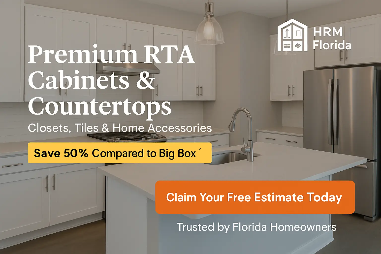 “Save big on Orlando kitchen remodeling! Call (407) 900-5335. HRM Florida offers factory-direct cabinets & countertops at 50% off retail. Free quotes!”