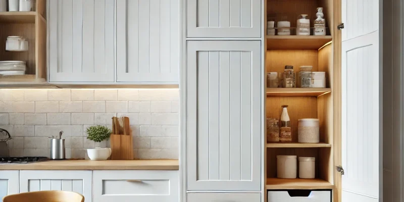 DALL·E 2025-03-22 10.47.02 – A sleek built-in pantry cabinet seamlessly integrated into a modern kitchen. The pantry features white shaker-style doors, adjustable wooden shelves, kitchen cabinet showroom in Orlando