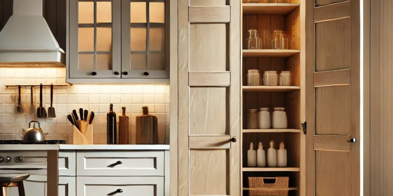 DALL·E 2025-03-22 10.47.17 – A stylish freestanding pantry cabinet in a contemporary kitchen. The cabinet is made of wood with shaker-style doors and adjustable shelves. It stands kitchen cabinet showroom in Orlando