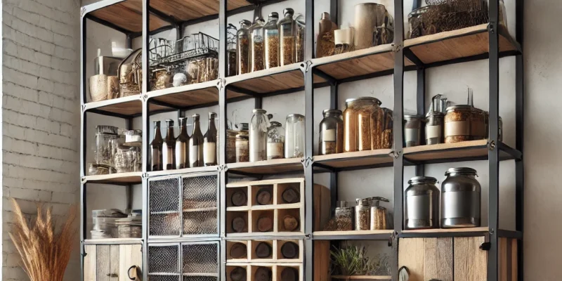 DALL·E 2025-03-22 11.02.38 – An industrial-style pantry cabinet featuring a mix of metal and wood elements. The pantry has open shelving, black metal frames, and rustic wooden sur DALL·E 2025-03-22 11.02.38 - An industrial-style pantry cabinet featuring a mix of metal and wood elements. The pantry has open shelving, black metal frames, and rustic wooden sur